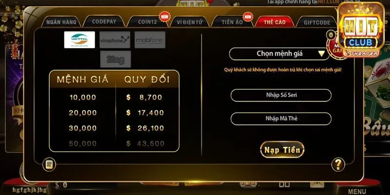 Cách nạp tiền Hitclub với 7 phương thức đơn giản 8 Cách nạp tiền Hitclub qua thẻ cào